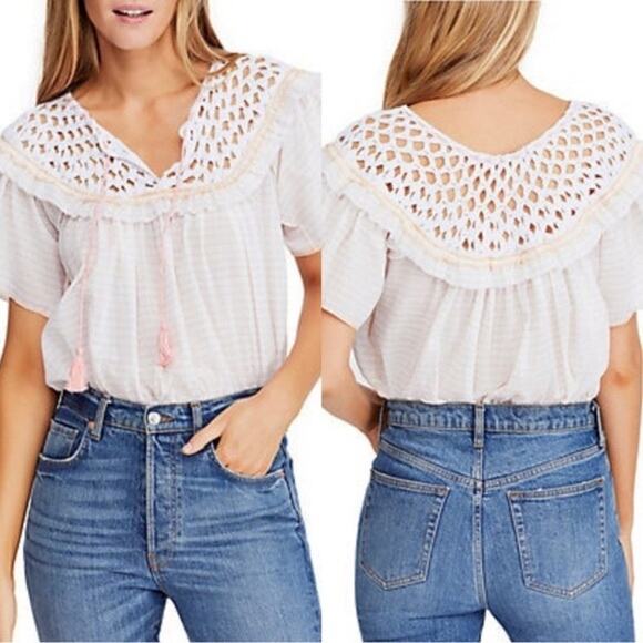 Free People Allora Allora Crocheted Ruffled Top in White Peach Combo - Size S - Picture 1 of 6